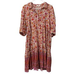 Natural Life Women Size Large Floral Midi Dress Rayon Cottagecore Buttons Hippie